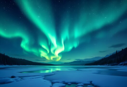 Bright green northern lights dance over frozen arctic lake at night. Amazing aurora borealis reflects in cracked ice surface. Winter nature landscape with space for text - Powered by Adobe