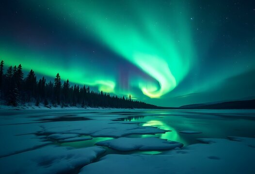 Spectacular northern lights dance over frozen lake and pine forest in winter night. Amazing aurora borealis natural phenomenon. Arctic landscape with green lights in dark sky