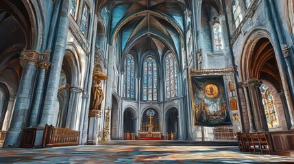 Fototapeta premium Grand cathedral interior, sunlight streams in