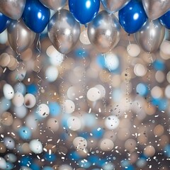 Group of white, silver and blue balloons with confetti in the background - celebration concept