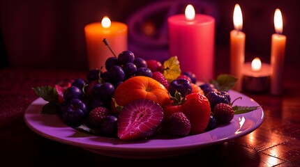 Candlelight illuminates a platter of fruit. The fruit consists of apricots, strawberries, and grapes