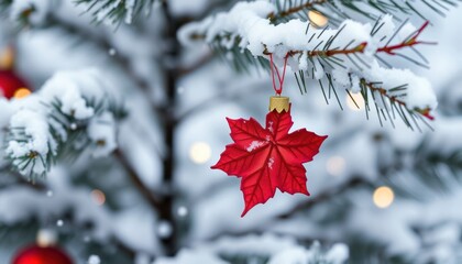 Closeup of red maple leaf ornament hanging on snowy Christmas tree branch. Festive winter scene. Traditional Canadian holiday concept. Ornament vibrant red against snowy backdrop. Snowy pine