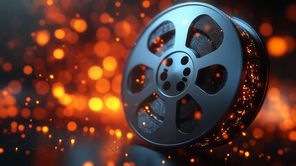 A vector icon of a movie reel, with the symbol inside the reel.