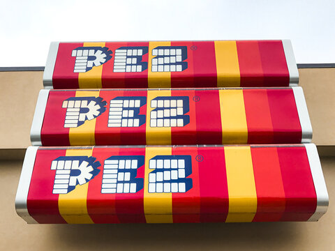 Orange, Connecticut, USA- September 29, 2918: Pez candy sign at visitor center factory building exterior