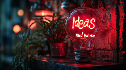 The phrase "Ideas Need Protection," displayed elegantly with a lock icon beside it.