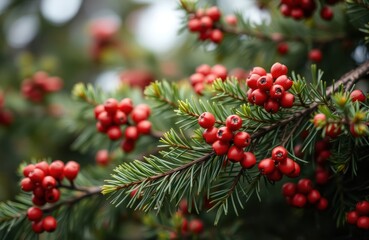 Close up view of bright red berries on fresh evergreen branches. Plants contrasts with vibrant red berries. Natural beauty of nature in winter. Ideal for holiday decor. Natural beauty of plants.