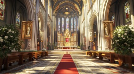 Obraz premium Grand church interior, sunlight streams in