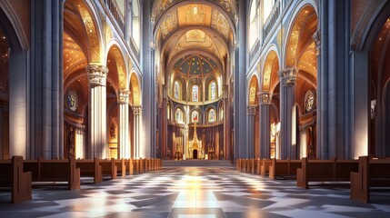 Obraz premium Grand cathedral interior, sunlight streams in