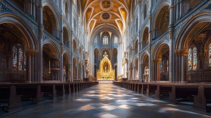 Fototapeta premium Grand cathedral interior, sunlight streams in.