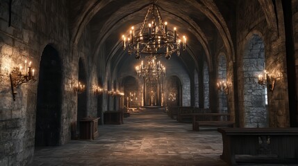 Obraz premium Grand hall with stone walls and chandeliers