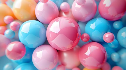 Close-up of glossy 3D spheres in pastel pink, blue, and orange tones with reflective surfaces
