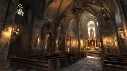 Fototapeta premium Ancient church interior, sunlit pews