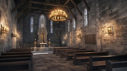 Fototapeta premium Ancient church interior, stone walls