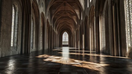 Fototapeta premium Sunlit cathedral hallway, stone arches