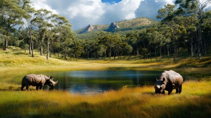 Two Rhinos Grazing by a Serene Water Body Under a Bright Sky Surrounded by Lush Greenery and Mountains in the Background