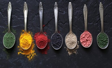 Colorful powder in silver spoons on dark background.