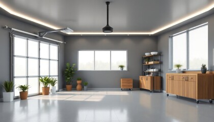 Modern garage interior design. Large windows allow sunlight to fill roomy space. Recessed lighting, plants create relaxing, inviting atmosphere. Organized storage solutions featured. Grey walls,