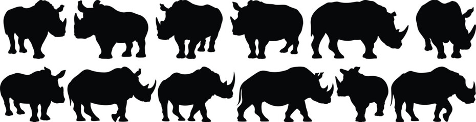Rhino silhouettes set, rhinoceros pack of vector silhouette design, isolated background