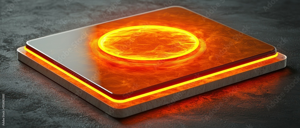 Poster glowing orange circle on a square platform with an illuminated edge, set against a dark background.