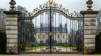 Grand wrought iron gate with intricate scrollwork and decorative gold accents, leading to a historic countryside manor
