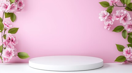 Elegant pink floral background with white display platform for product showcase