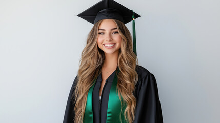 Happy graduate smiling in cap and gown with green accents