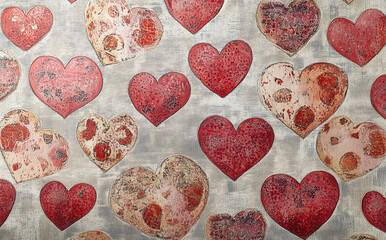 Red and beige hearts with textured details. Perfect for Valentine's Day and romantic backgrounds.