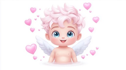 Cute cherubic baby with wings and heart motif on white background
