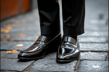Man in black suit and shoes standing on sidewalk, looking at smartphone with focused expression, surrounded by bustling city street scene.