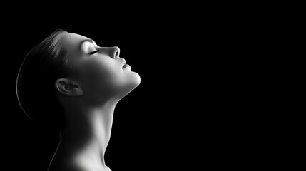 Serene profile of woman in black and white minimalist portrait on black background