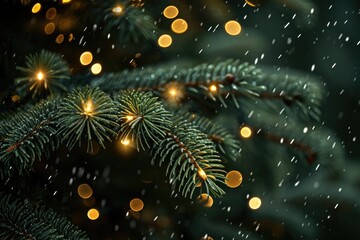 Christmas Tree Close-up: Festive Lights and Sparkling Green Pine Detail in Winter Celebration