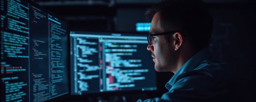 Focused engineer meticulously programs carbon capture software. Complex code lines illuminate multiple computer screens. Innovative tech development in sustainable eco industries. Dedicated