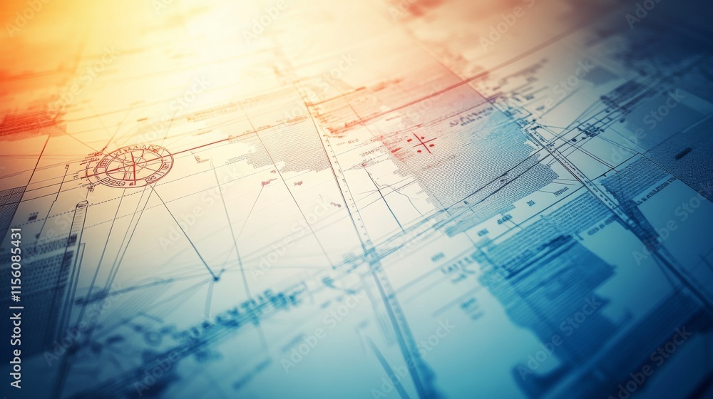 Poster detailed blueprint design with geometric patterns and textures in blue and orange tones for architec