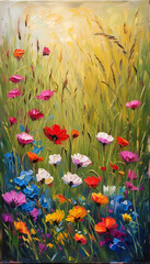 Fototapeta premium Vibrant blossoms dance under a golden sun in a lush meadow