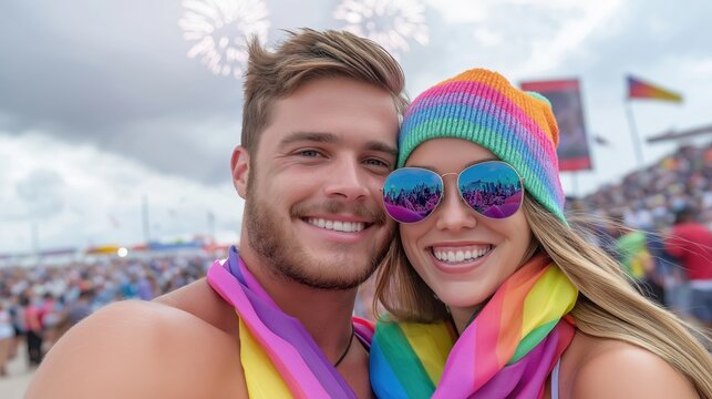 Joyful couple celebrating at pride event with colorful attire and fireworks