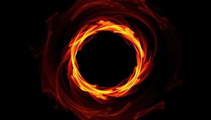 Circular fiery plasma spins on black background. Vivid orange-red flames form dynamic ring. Powerful energy flow, creative abstract design for futuristic projects. Space theme. Glowing, intense