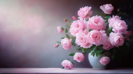 Fototapeta premium Elegant pink-petal bouquet in ceramic vase against soft palette