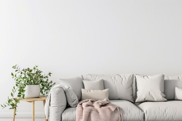 Cozy Living Room Interior with Fabric Sofa and Pillows Mockup on White Background - 3D Rendering