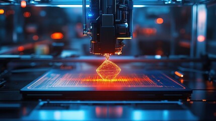 3D printing technology visualized with a hologram of the printed object floating above the printer, sleek workspace, glowing neon blue, sharp focus, tech aesthetic