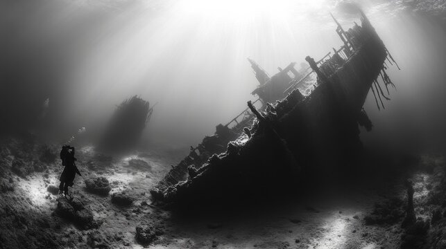 Mysterious Underwater Scene Featuring a Sunken Ship Surrounded by Bubbles and Rays of Light in a Dramatic Monochrome Setting