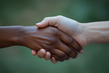 Two people shaking hands in a busy city street, under a canopy of colorful umbrellas.