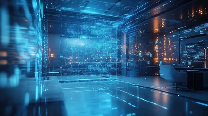 Digital innovation ecosystem visualized with floating holographic data and connected devices, sleek tech office, neon blue lighting, clean and futuristic