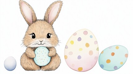 Obraz premium A fluffy Easter bunny holding a pastel-colored Easter egg, surrounded by a variety of decorative eggs in soft colors. The scene embodies the joy of Easter celebration
