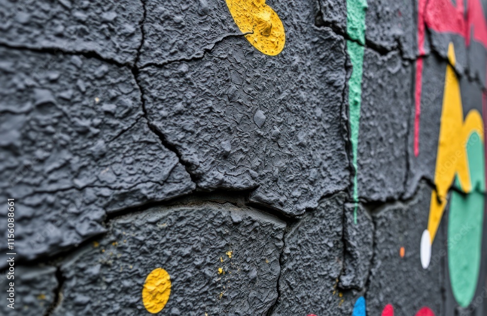 Poster closeup view of textured wall with vibrant colorful paint art. abstract design with cracks, patches 