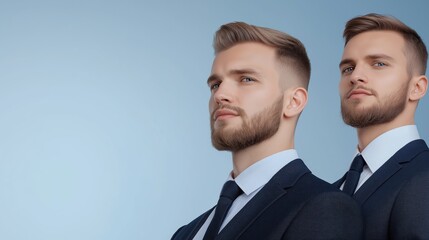 Confident young businessmen in formal suits posing against blue gradient background