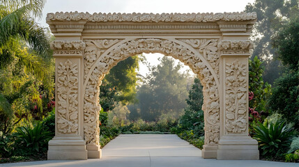 Fototapeta premium Intricately carved stone gateway with floral motifs and an arched design, framing the entrance to a tranquil botanical garden