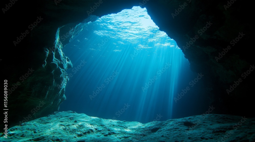 Poster sunlight filtering through an underwater cave, showcasing the serenity and mystery of deep ocean env