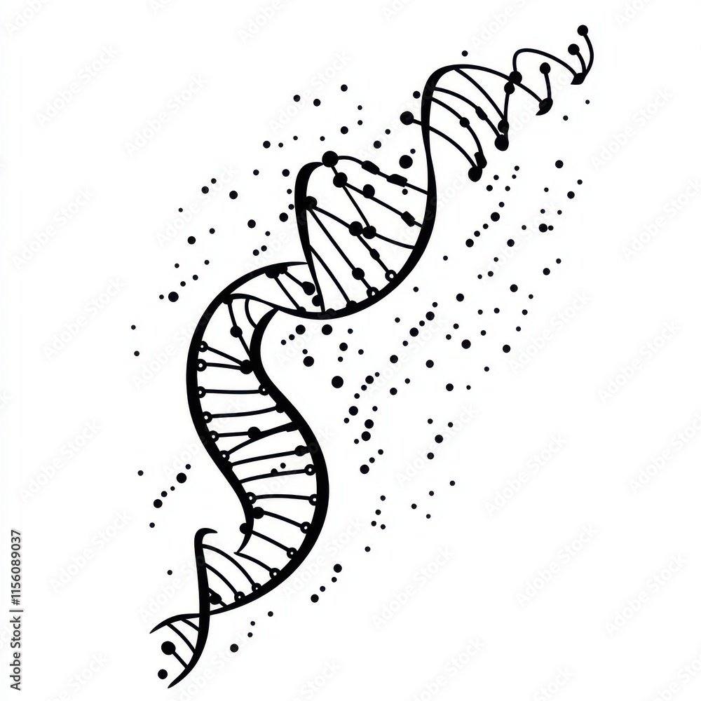 Poster artistic representation of a dna strand, showcasing a spiral design with intricate details and dots.