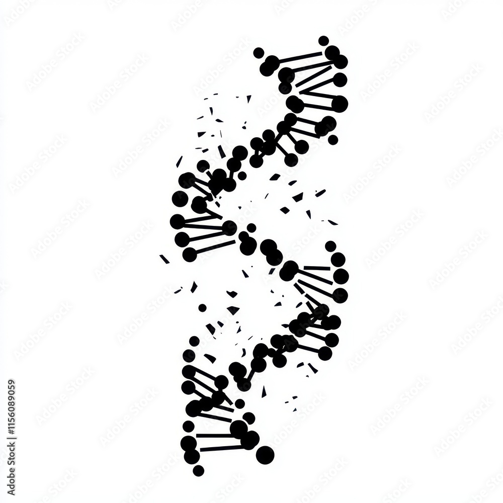 Poster abstract representation of dna with floating particles, symbolizing genetic science and evolution.