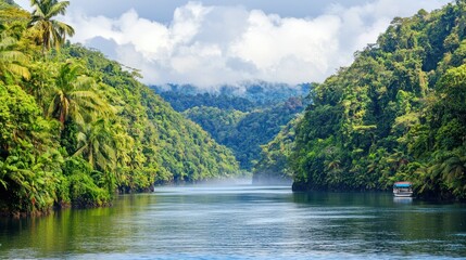 Fototapeta premium Lush green tropical river landscape with a small boat.